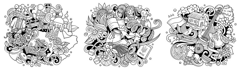 Obraz premium Ukraine cartoon vector doodle designs set. Sketchy detailed compositions with lot of ukrainian objects and symbols. Authentic local cultures illustration