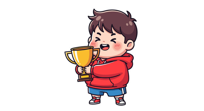Happy cartoon boy holding golden trophy with pride.
