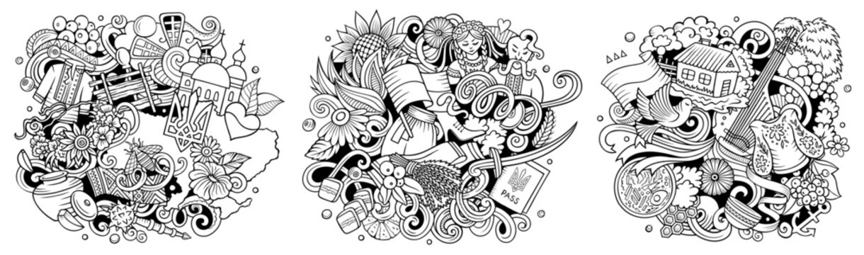 Ukraine cartoon vector doodle designs set. Sketchy detailed compositions with lot of ukrainian objects and symbols. Authentic local cultures illustration