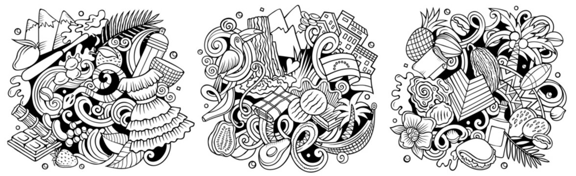 Venezuela cartoon vector doodle designs set. Line art detailed compositions with lot of traditional symbols. Authentic local cultures illustration