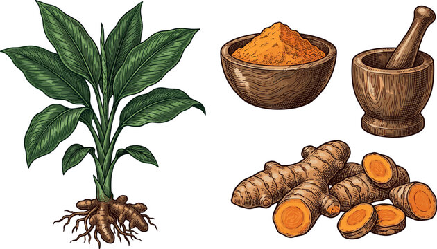 Vintage Hand Drawn Turmeric Plant and Root Set with Curcuma Longa Powder Bowl Slices Mortar and Pestle Vector Illustration