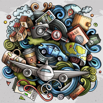Cartoon doodle vector illustration of travel objects and symbols, featuring an airplane, car, passport, camera and various vacation elements.