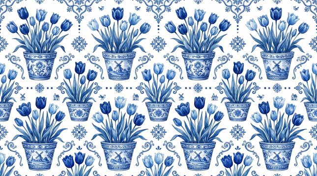 Blue floral pattern, Delft style, potted plants, decorative border