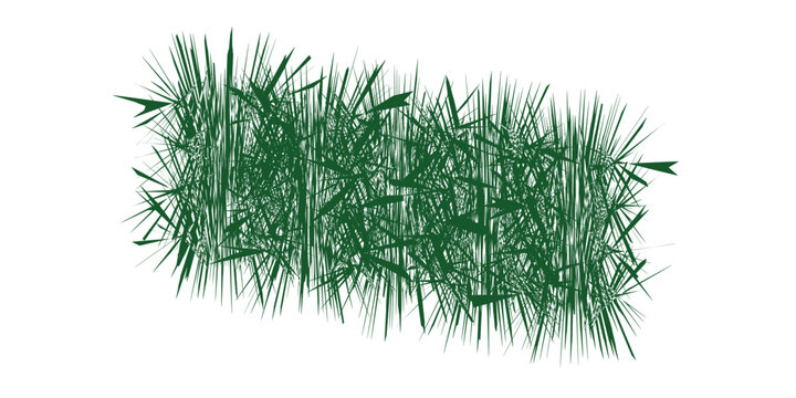 A vibrant green, abstract pattern composed of numerous intersecting and overlapping lines, resembling chaotic grass or sharp reeds, set against a clean white background.