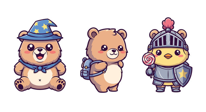 Cute Cartoon Bears in Different Costumes and Outfits.