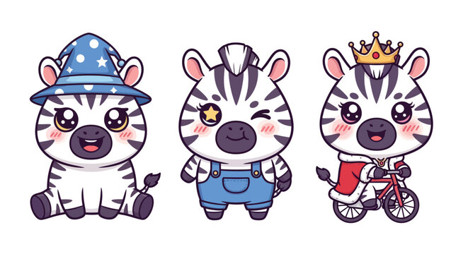 Cute cartoon zebras in different outfits and poses.
