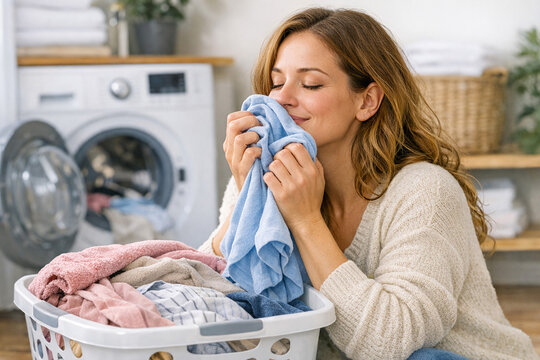 Woman smells freshly washed clothes in laundry basket. Washing machine visible behind her. Room has wooden shelves and plants. Clothes are soft and colorful. She appears happy and relaxed