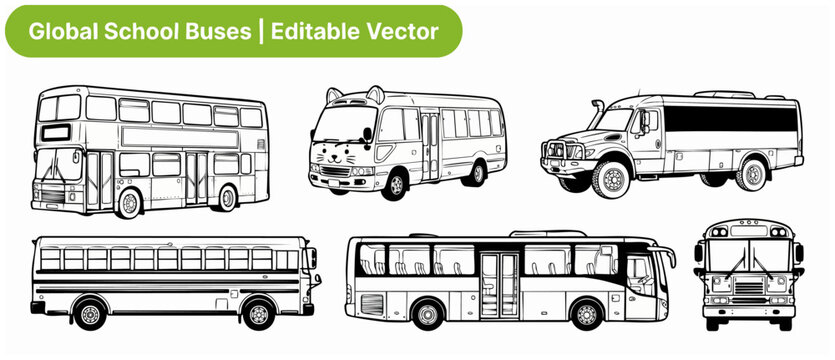 School bus vector line art set of global transport vehicle illustrations for coloring book design, featuring double decker, transit, offroad, and cute kids bus outlines isolated on a white background.