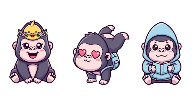 Cute Cartoon Monkeys in Different Outfits and Poses.