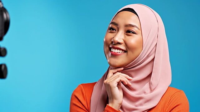 A beautiful young Asian Muslim woman in a pink hijab smiles thoughtfully while posing in a studio. She represents modern modest fashion, cultural diversity, happiness, and confidence for lifestyle...