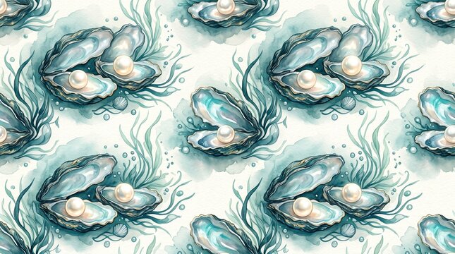 Seamless mussel shell pattern, ocean-inspired design, blue and white seashells, aquatic wallpaper