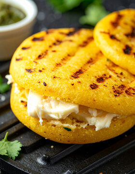 Colombian arepas de queso are grilled until golden and filled with melting white cheese on a dark griddle surface.
