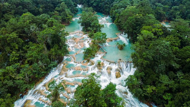 Aerial view of Agua Azul waterfalls on Xanil River