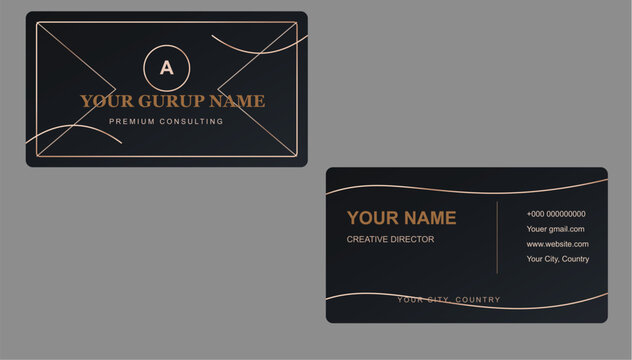 Premium dark gold business card template with metallic gradient accents and elegant wave elements. Professional front and back layout designed for luxury brands, corporate companies, creative agencies