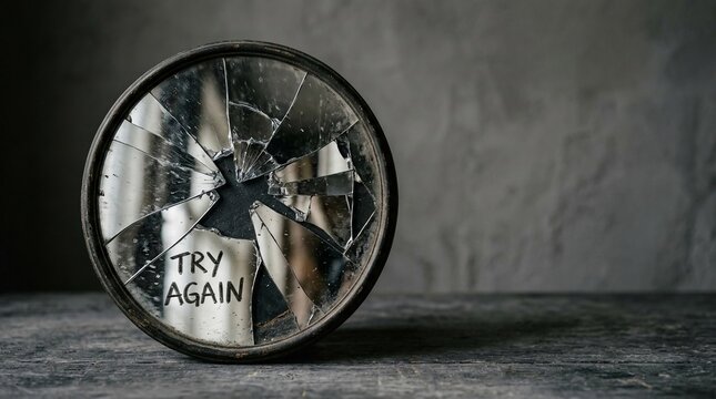 A close-up of a cracked mirror with the message 'Try Again' encourages resilience after setbacks