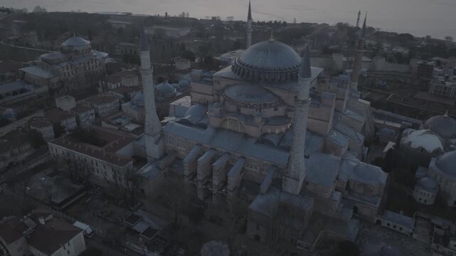 Drone view of Hagia Sophia in Istanbul, Turkey. The iconic monument showcases centuries of Byzantine and Ottoman architectural heritage.