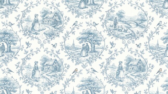 Blue toile de jouy fabric pattern, vintage-inspired wallpaper design, decorative textile print, classic country style