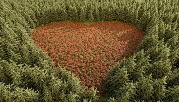 Aerial view of a heart shaped red clearing in a green forest