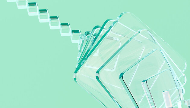 Abstract transparent glass geometric shape on pastel background