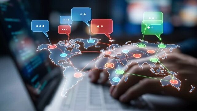 Global Network and Connected Communication Concept: Glowing Holographic World Map Silhouette with Vibrant Connected Chat Bubbles over Heavily Blurred Laptop