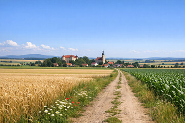 Fototapeta premium A picturesque scene of a European village nestled in the countryside, with verdant fields and a winding dirt road leading towards it.