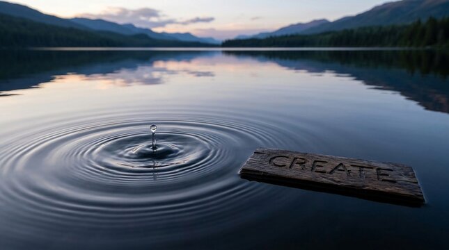 A single water drop creates ripples on a tranquil lake surface with mountains in the background, signifying new ideas.