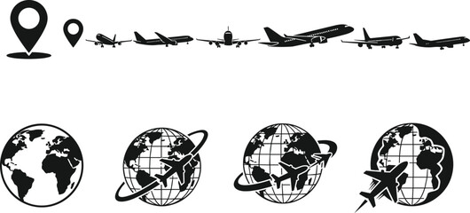Black and white map with airplane flight path and compass © MSTMOMOTAJ