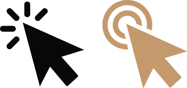Mouse cursor vector illustration with glowing click action and brown arrow with target.