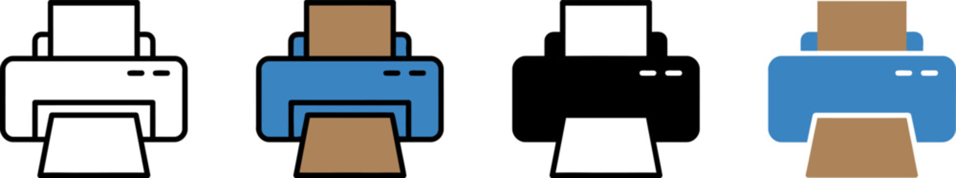 Four different colored printer icons with paper and cardboard boxes inside  office equipment