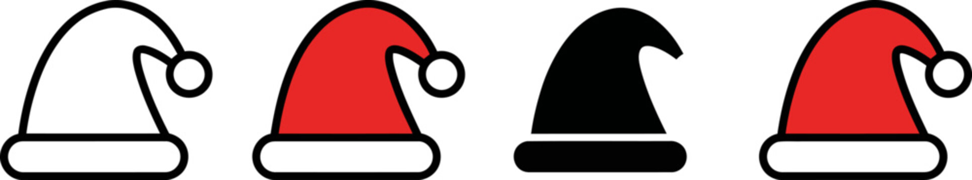 Four different colored Santa Claus hats with white trim and pom poms