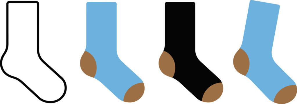 Four different colored socks with brown toes on white background