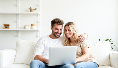 Fototapeta premium A happy married couple, a man and a woman, are sitting with a laptop on a white sofa in a white living room