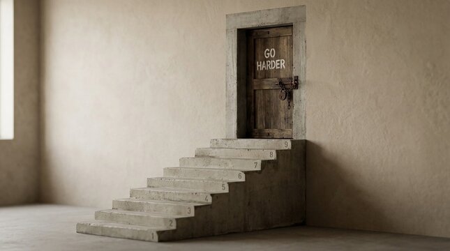 Ascending Concrete Stairs Towards a Rustic Wooden Door with 'Go Harder' Inscription