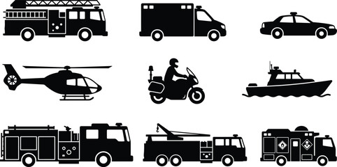 Vector silhouettes of emergency and rescue vehicles including fire trucks ambulance police car helicopter motorcycle and coast guard boat © Saminur