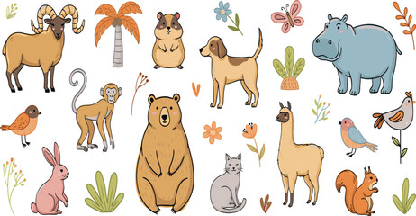 Cute Hand Drawn Animals Vector Element Set with Bear, Hippo, Llama, Dog, Cat, Monkey, Ram, and Squirrel for Children Nursery Graphic Designs © Ismail