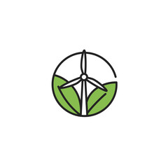 Obraz premium Eco-Friendly Wind Turbine Logo with Green Leaves - Minimalist Renewable Energy and Sustainable Power Icon Illustration