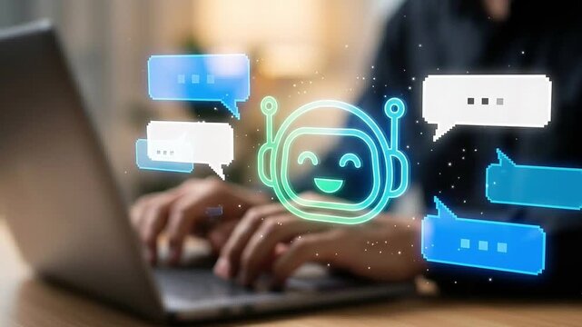 AI Customer Support and Chatbot Concept: Floating Neon Robot Icon and Vibrant Speech Bubbles over Blurred Person Typing on Laptop