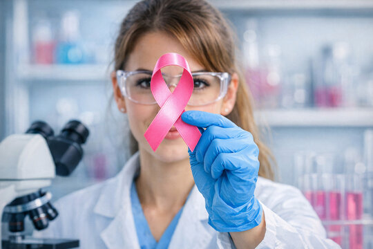 Medical researcher holding a pink ribbon, symbolizing breast cancer awareness in her lab with various lab equipment and chemicals around.