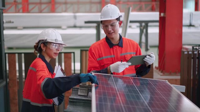 Asian factory workers inspecting solar panel in manufacturing plant