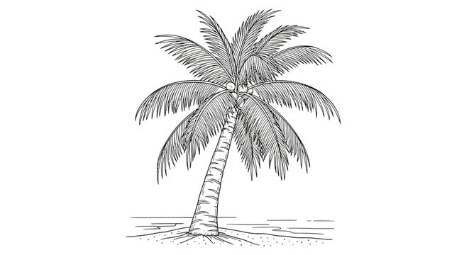 Hand-drawn vintage sketch of an old coconut palm tree on a quiet beach shore