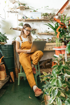 Young woman using laptop in a small gardening shop
