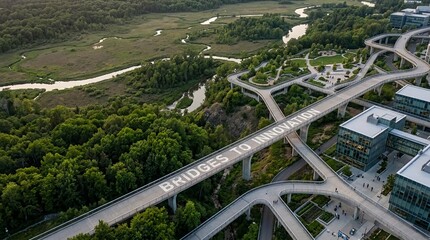 Fototapeta premium Inspiring Aerial View of Interconnected Bridges Symbolizing Innovation and Connection Above a Lush Landscape