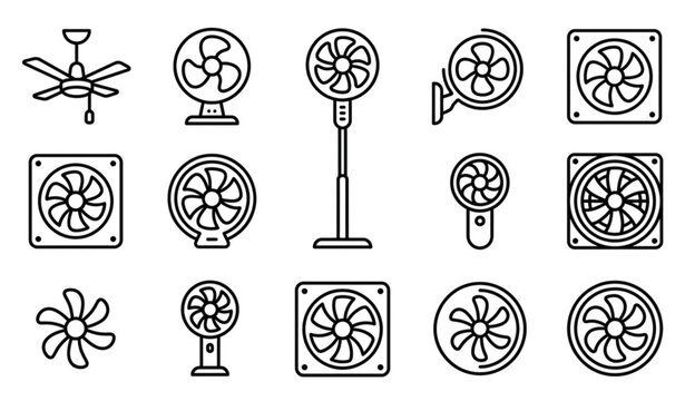 Fan Line Icon Set with Editable Outline Symbols Isolated on White