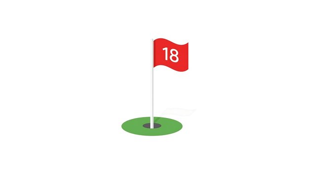 Red Golf Hole Flag with Number 18 Standing on Green Turf