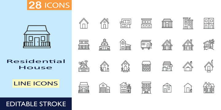 Residential house icons set with various buildings and structures  line icons