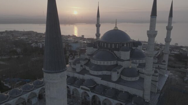 Drone view of Hagia Sophia in Istanbul, Turkey. The iconic monument showcases centuries of Byzantine and Ottoman architectural heritage.