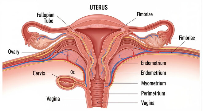 Detailed anatomical diagram of the female reproductive system highlighting the uterus ovary fallopian tube cervix and vagina with their respective labeled parts for educational purposes.