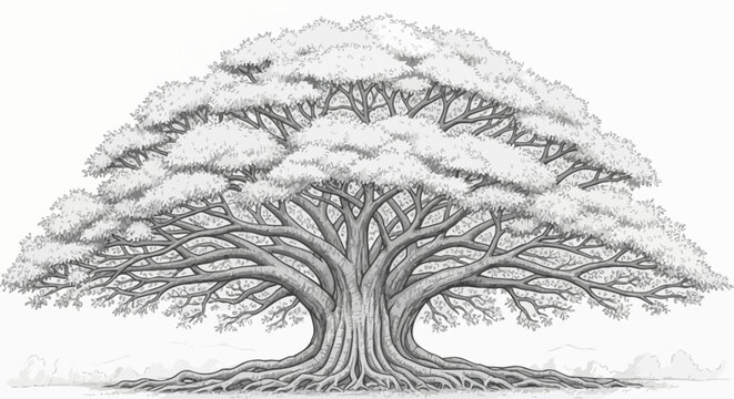 Detailed pencil sketch of a sprawling beach waru tree with extensive roots and wide canopy for nature illustration