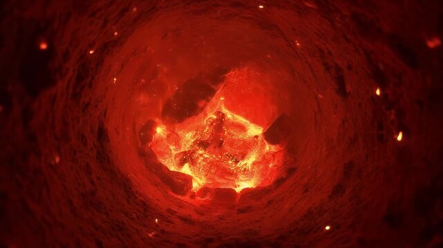 Fiery furnace with glowing embers and intense heat, symbolizing power and destruction in a hellish environment