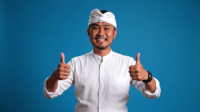 Balinese man smiling confidently, giving thumbs-up. Perfect for concepts of online approval, customer satisfaction, excellent service, quality feedback, cultural representation, success, and trust.
